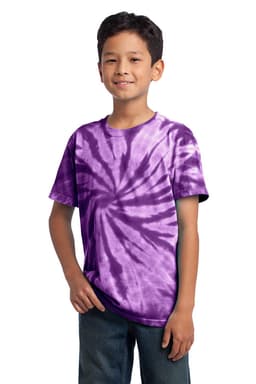 A youth tie-dye tee in purple with a spiral pattern, featuring short sleeves and a relaxed fit.