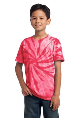 A youth tie-dye tee in vibrant pink, featuring a swirling pattern. The shirt has a logo present.