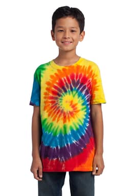 A youth tie-dye tee featuring vibrant spiral patterns in yellow, orange, pink, blue, and green colours.