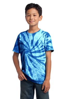 A youth t-shirt featuring a blue tie-dye pattern, displayed on a smiling young boy. The shirt has a logo.