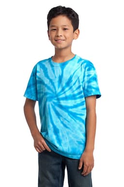 A youth tie-dye T-shirt in various shades of blue, featuring a spiral pattern and short sleeves.