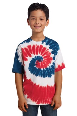 A youth tie-dye T-shirt featuring a spiral pattern in red, white, and blue, displayed on a young model.