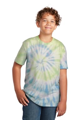 A youth tie-dye T-shirt in green, blue, and lavender hues, featuring a swirl pattern and a logo.