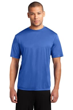 A man is wearing a blue performance tee. The shirt features a logo on the front.