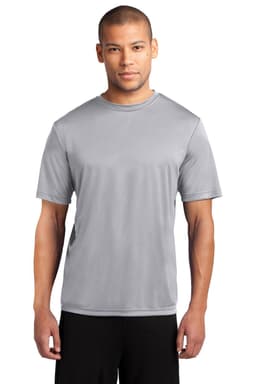 A grey performance tee with a crew neckline and short sleeves, featuring a logo on the front.