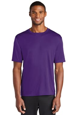 A purple performance t-shirt for men with a logo on the chest, featuring a crew neck and short sleeves.