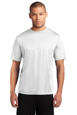 A man wearing a short-sleeved white performance tee. The shirt features a logo on the chest.