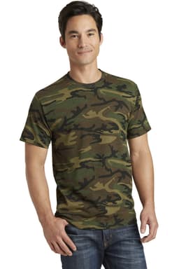 A camouflage t-shirt in shades of green and brown, featuring a logo on the front, worn by a model.