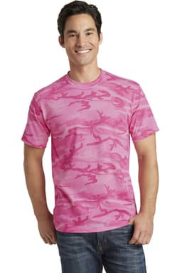 A pink camo t-shirt featuring a logo, worn by a smiling model against a white background.