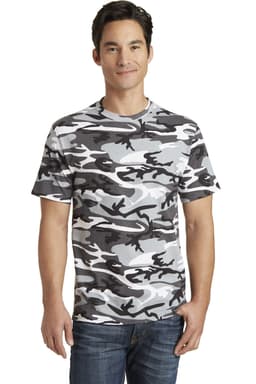 A man wearing a grey and white camo T-shirt, standing against a plain background. The shirt features a logo.