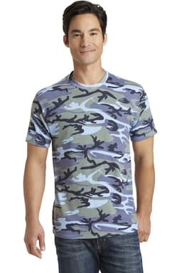 A man is wearing a camo-patterned t-shirt in shades of blue and green. The shirt has a logo.