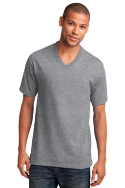 A person wearing a grey v-neck t-shirt from Port & Company, with a logo on the garment.