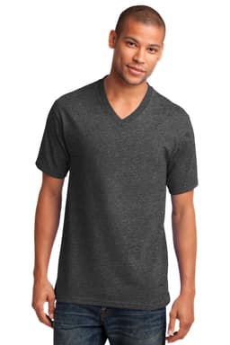 A grey v-neck t-shirt on a model, featuring short sleeves and a simple design with a logo.