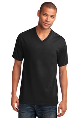 A black Port & Company Core Cotton V-Neck Tee worn by a model, featuring a simple design and a logo.