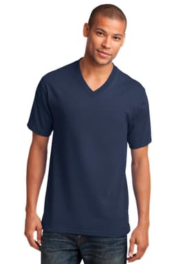 A navy v-neck t-shirt is worn by a model, featuring a simple design and short sleeves. It has a logo on the sleeve.