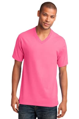 A man wearing a pink V-neck t-shirt made of cotton, featuring a logo on the shirt.