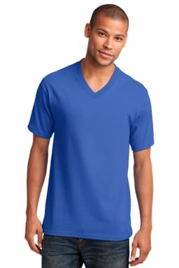 A blue V-neck T-shirt made from cotton, displayed on a model. The shirt features a logo.