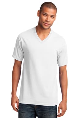 A man wearing a white Port & Company Core Cotton V-Neck Tee, featuring a simple design without visible branding.