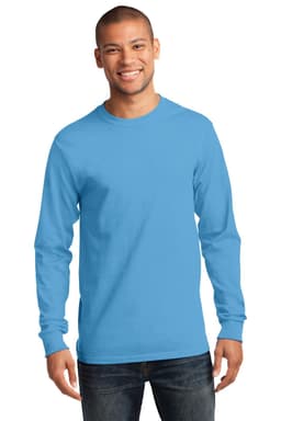 A long sleeve essential tee in bright blue, featuring a simple design and a logo on the front.