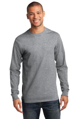 A man wearing a grey long sleeve essential tee, featuring a logo on the chest, standing against a plain background.
