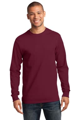 A long sleeve essential tee in burgundy, featuring a logo, displayed on a model.