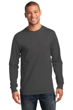 A model wearing a long sleeve essential tee in grey. The shirt features a logo on the front.