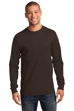 A man is wearing a long sleeve essential tee in dark brown, featuring a logo on the front.
