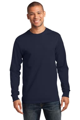 A man is wearing a navy long sleeve essential tee, featuring a logo on the shirt.