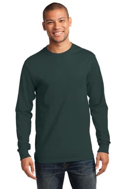 A man is wearing a dark green long sleeve essential tee, featuring a logo on the front.