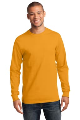 A man wearing a long sleeve essential tee in bright orange, standing with a neutral expression. The shirt features a logo.