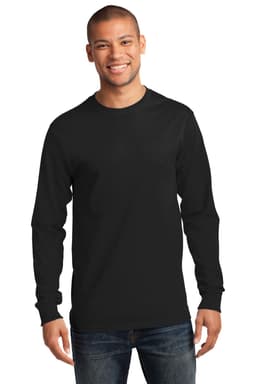 A long sleeve essential tee in black, featuring a simple design and a logo on the front, modelled by a smiling man.