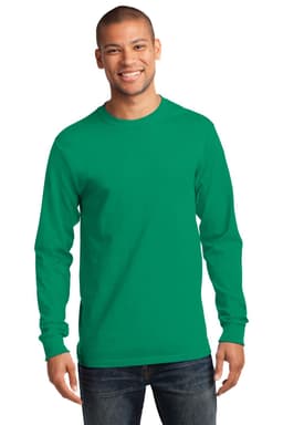 A green long sleeve essential tee on a model, featuring a logo on the shirt.