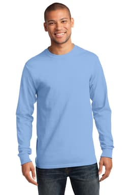 A long sleeve essential tee in light blue, featuring a crew neck and a logo on the front.
