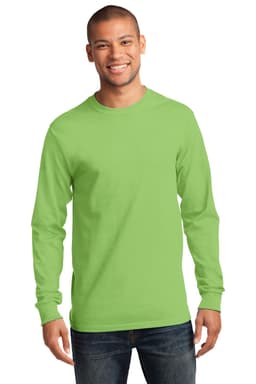 A man is wearing a bright green long sleeve essential tee with a logo. He stands in a casual pose.