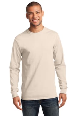 A long sleeve essential tee in a light beige colour, worn by a smiling male model. It features a logo on the sleeve.