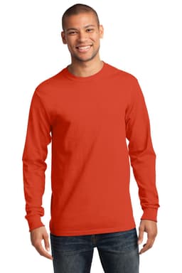 A man wearing a bright red long sleeve essential tee, featuring a logo on the shirt.