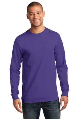 A long sleeve essential tee in vibrant purple, featuring a logo, modelled by a smiling man.
