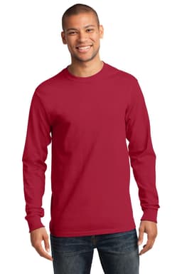 A red long sleeve essential tee worn by a smiling male model, featuring a logo on the shirt.
