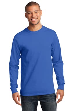 A man wearing a royal blue long sleeve essential tee, smiling against a plain background. The shirt features a logo.