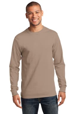 A long sleeve essential tee in a light brown colour, featuring a logo, worn by a smiling male model.