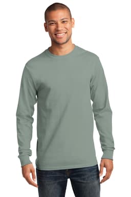 A man wearing a long sleeve essential tee in a muted green colour, with a logo on the front.