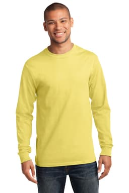 A long sleeve essential tee in vibrant yellow, featuring a logo, displayed on a smiling model.