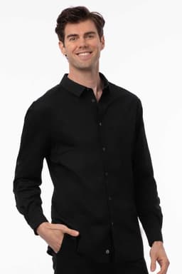 A black long-sleeve shirt for men, featuring a button-up design and a slim fit. It has a logo on the chest.