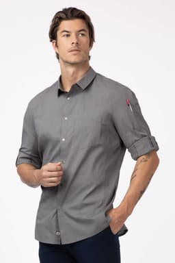 A men's black shirt with a button-down collar and rolled-up sleeves, featuring a logo on one sleeve.