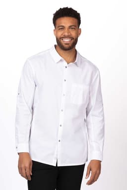 A man wearing a long-sleeve white shirt with a button-up front and a chest pocket. The shirt features a logo.