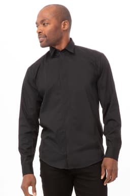 A black men's zip-front shirt with long sleeves and a fitted design, featuring a logo on the chest.