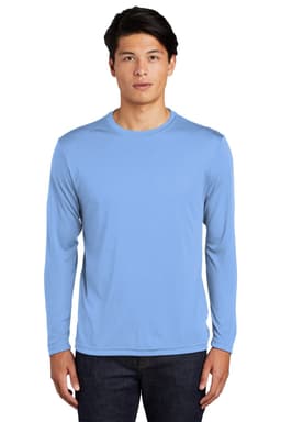 A light blue long sleeve t-shirt with a round neckline, featuring a logo on the chest.