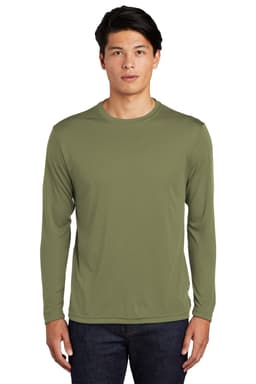A long sleeve olive green T-shirt made of performance fabric, featuring a logo on the chest.