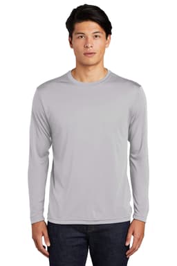 A long sleeve, light grey performance tee with a round neckline and a branding logo.