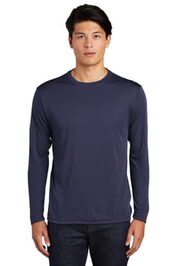 A navy long sleeve t-shirt featuring a logo, made of PosiCharge fabric. Suitable for sports or casual wear.